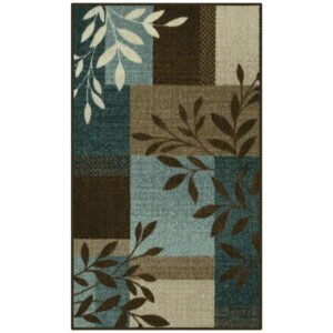 Traditional Leaf Block Blue Brown Print Indoor Accent Rug, 1'8